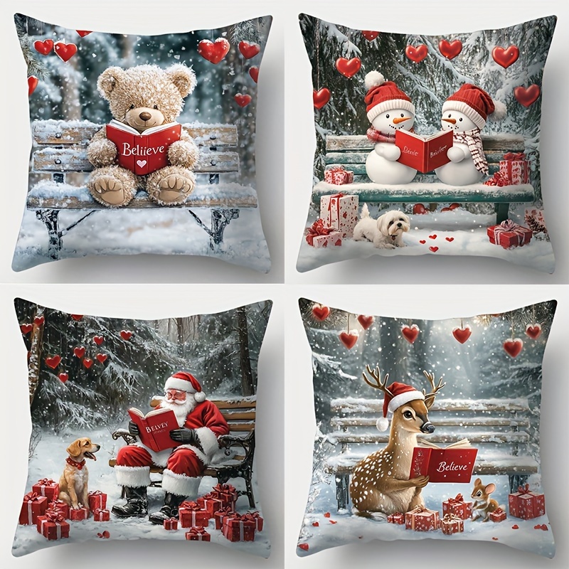 

4pcs Christmas Pillow Covers Set - Cute Teddy Bear & Santa Design With Deer Bench, Soft Polyester, Zip Closure - Living Room & Bedroom Decor, 17.7"x17.7