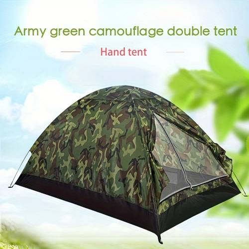 2-personen-armeegrünes tarnzelt - leicht, aus polyester mit reißverschluss, dreieckiges design, fiberglasstangen, für frühling, sommer und herbst outdoor-abenteuer, -zubehör