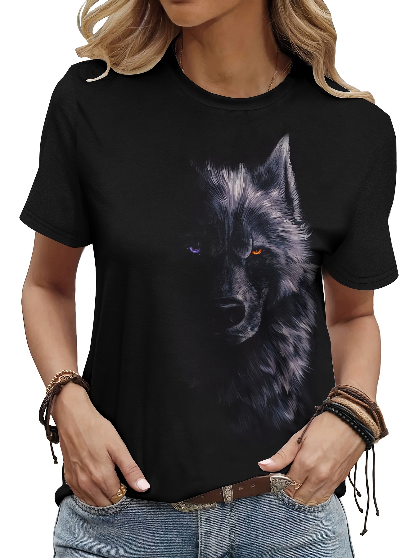 wolf   crew neck t shirt for women dacron spandex blend polyester 95 spandex 5 medium stretch knit fabric short sleeve pullover tee regular fit animal pattern shirt for  