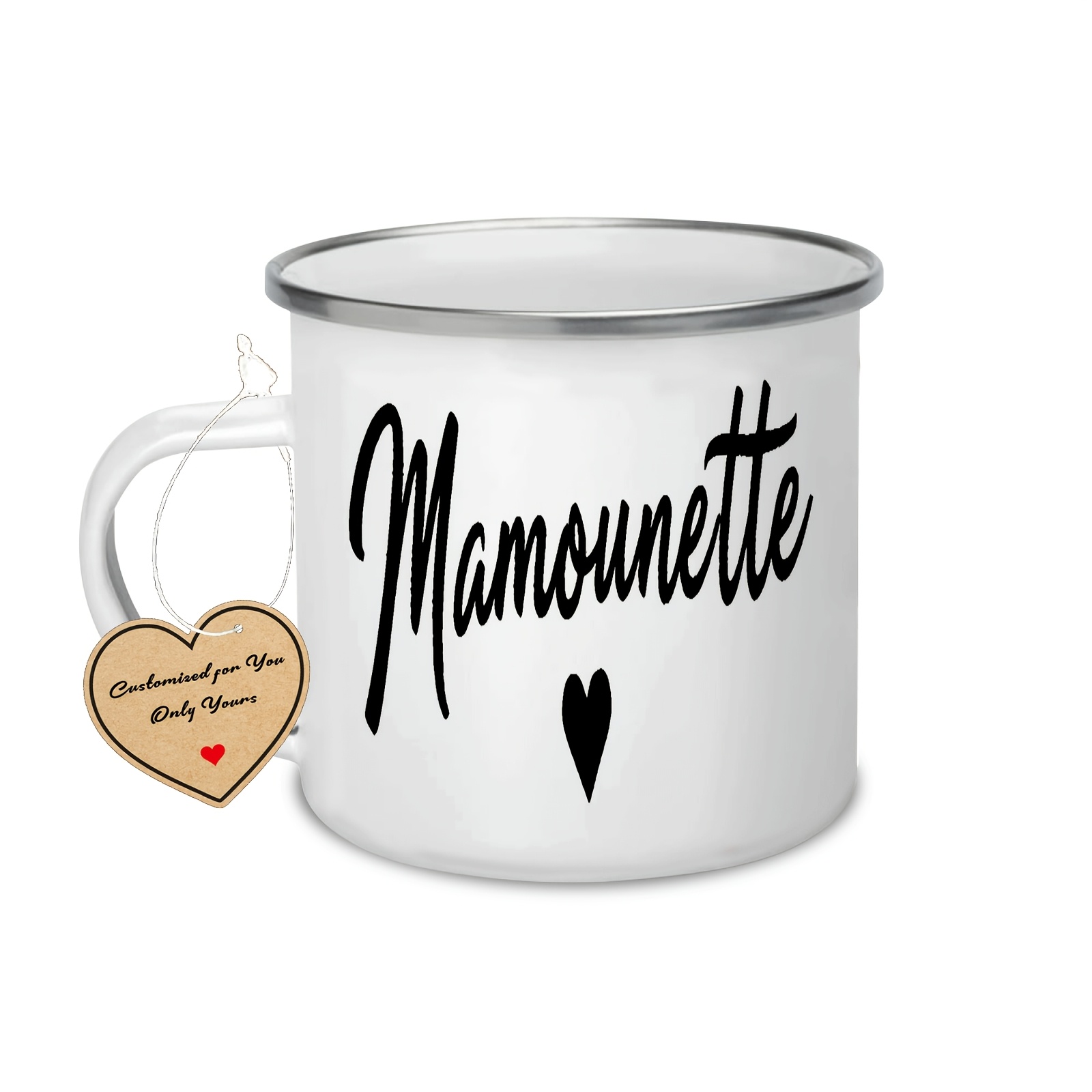 TEMU 1 tasse en émail blanc de 370 ml (12,5 oz) avec motif Mamounette et cœur - Cadeau idéal pour les amateurs de tasses, restaurants et entreprises,