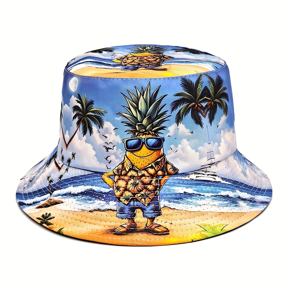 Summer Beach Vacation Pineapple Cartoon Print Fisherman Hat Reversible Outdoor Beach Cap Men Women