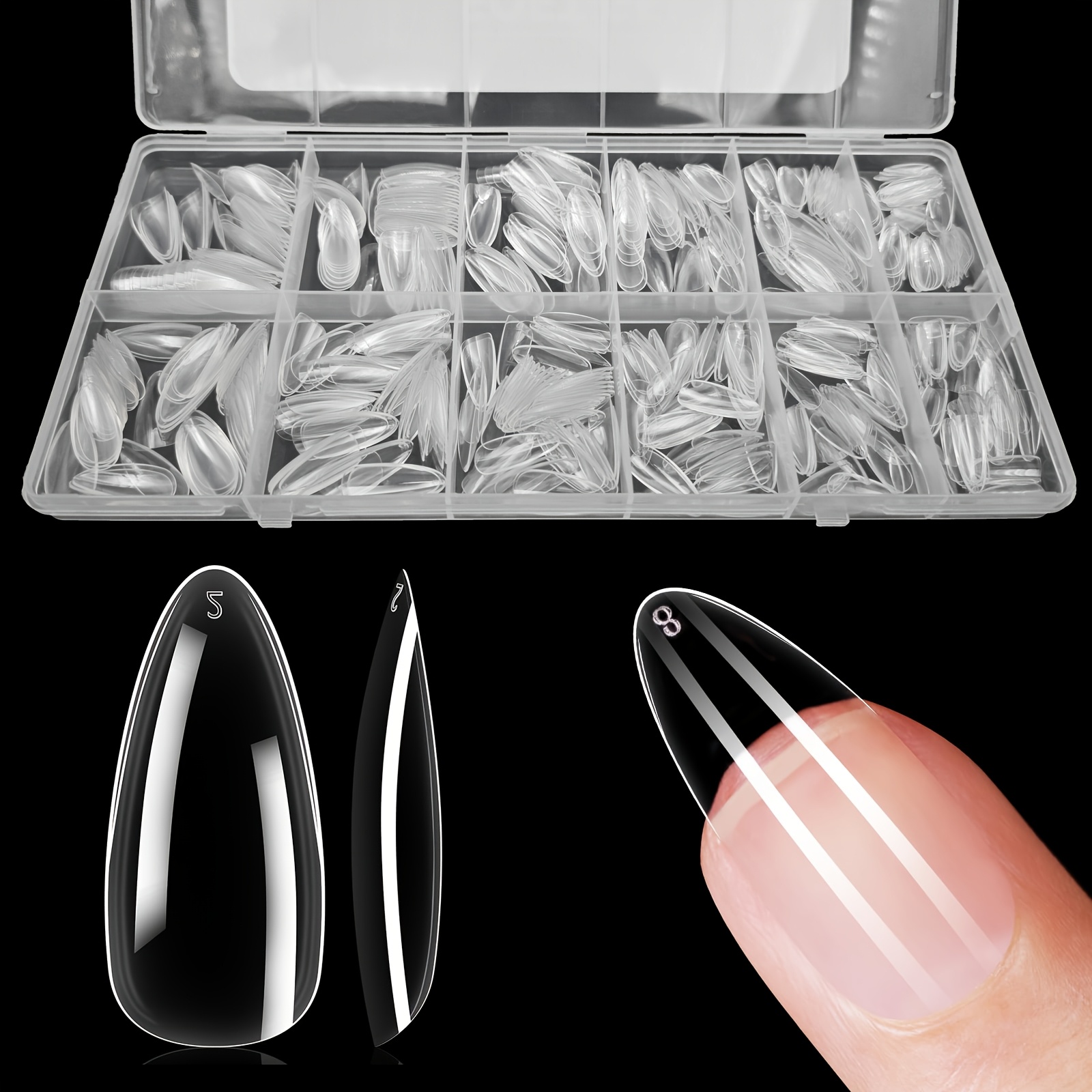 E-shop 600 Stk./Box Klares Nagelspitzen Set, Mittel/Lange Sarg, Quadratisch, Mandel, Stiletto, Oval, Runde Form, 10/12 Größen, Aufdrücknägel, Maniküre