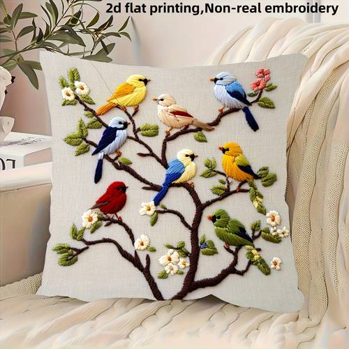 vintage style bird and branch pillowcase 1pc colorful single sided print embroidery 18x18 inches zip closure machine washable polyester suitable for home office sofa bed and car upholstery pillow insert not included