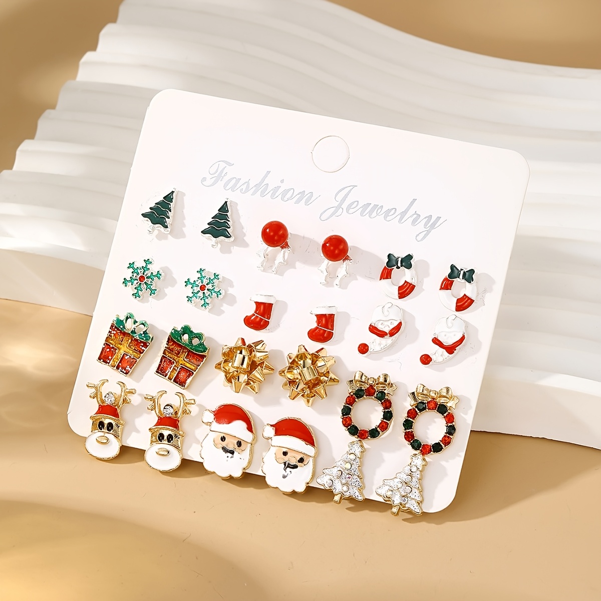 TEMU 24pcs Set/12 Pairs Of Elegant Christmas Celebration Cartoon Santa Claus Christmas Tree Stud Earrings, Cute Gift Box With Snowflake Bow, Reindeer