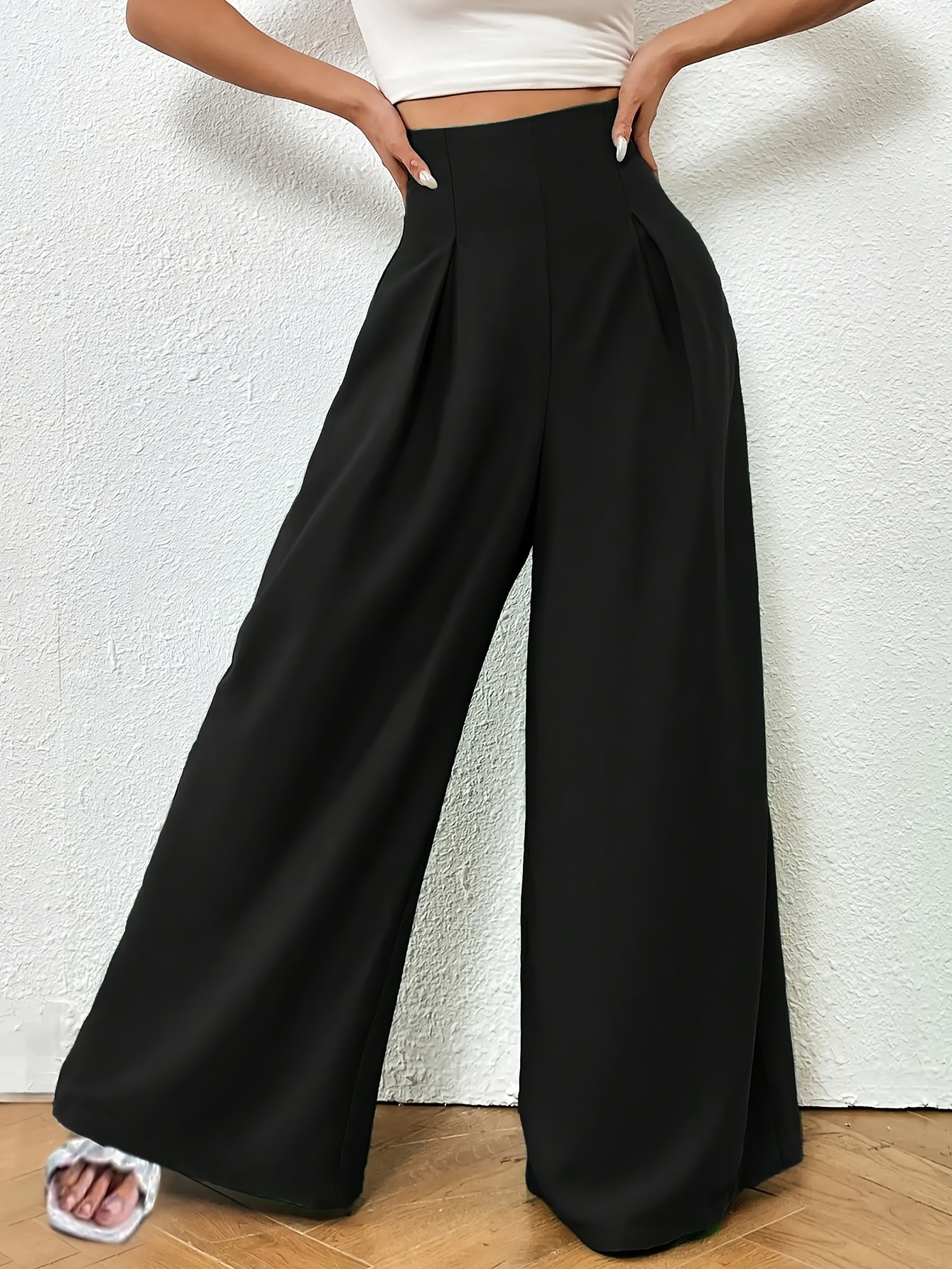 Ruched Wide Leg Pants, Casual Solid High Waist Versatile Pants, Women's  Clothing