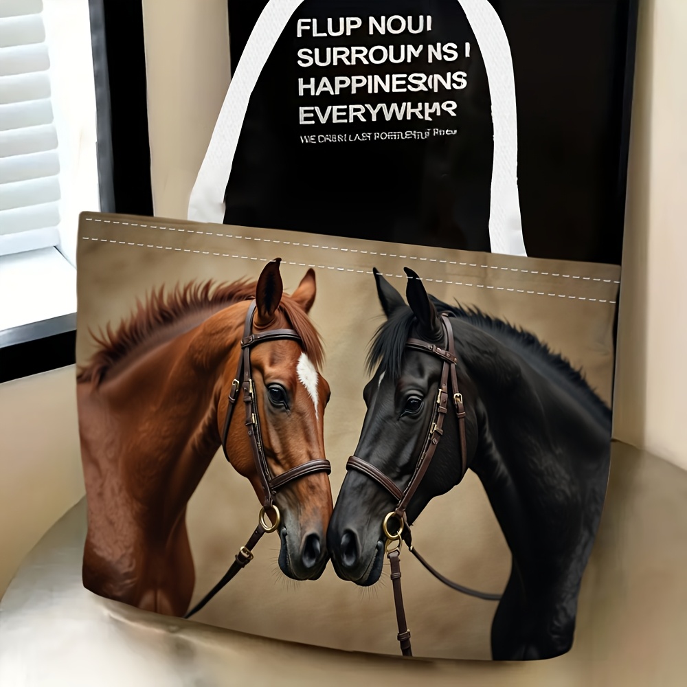TEMU 1pc, Women'-shoulder Bag With 2 Horses Facing Theme, Multi-functional, Tote Bag, Clutch, Evening Handbag, Travel Essential, Fine , Daily Use