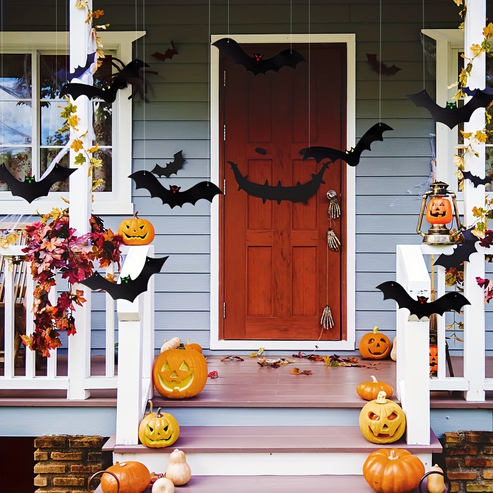 12pcs halloween hanging bats decorations outdoor plastic flying bats with glowing eyes for front door   halloween hanging decorations outside for halloween christmas event party supplies Product details 1
