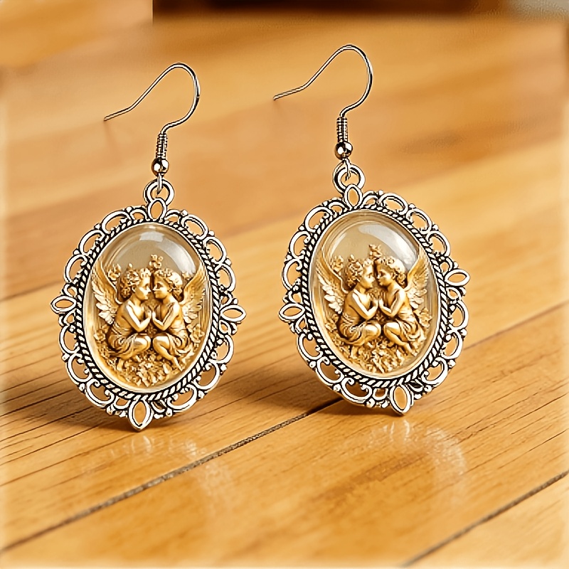 Victorian Antique Silvery Frame Little Angel Oval Glass Earrings