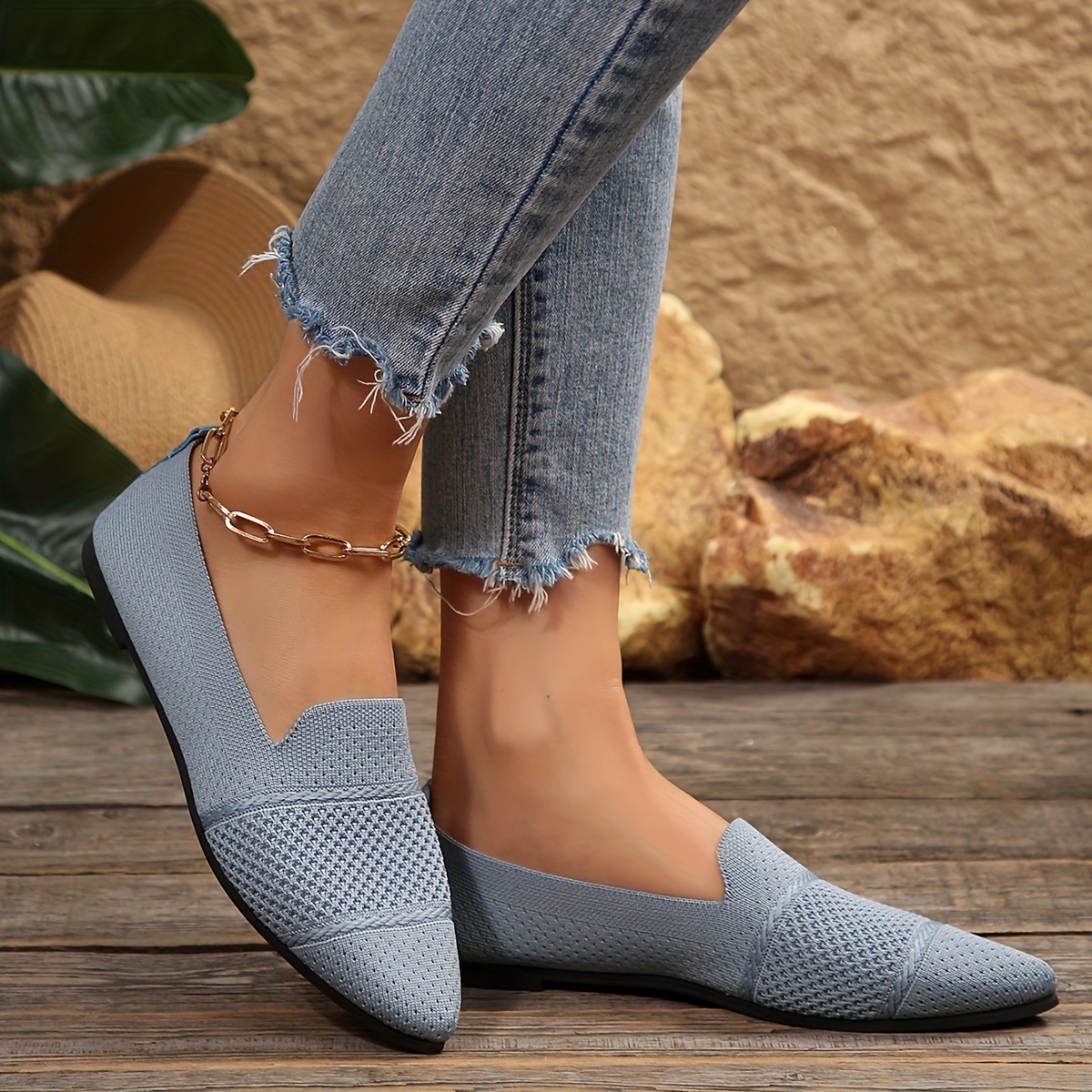 Elegant Ballet Flat Shoes For Women, Slip-On Breathable Soft Sole Daily Knitted Ballets, Point Toe Daily Wear