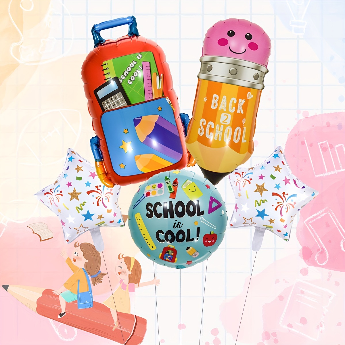 

5-piece Back To School Foil Balloon Set - Pencil, Stationery & Schoolbag Designs For Classroom Decor And Celebrations