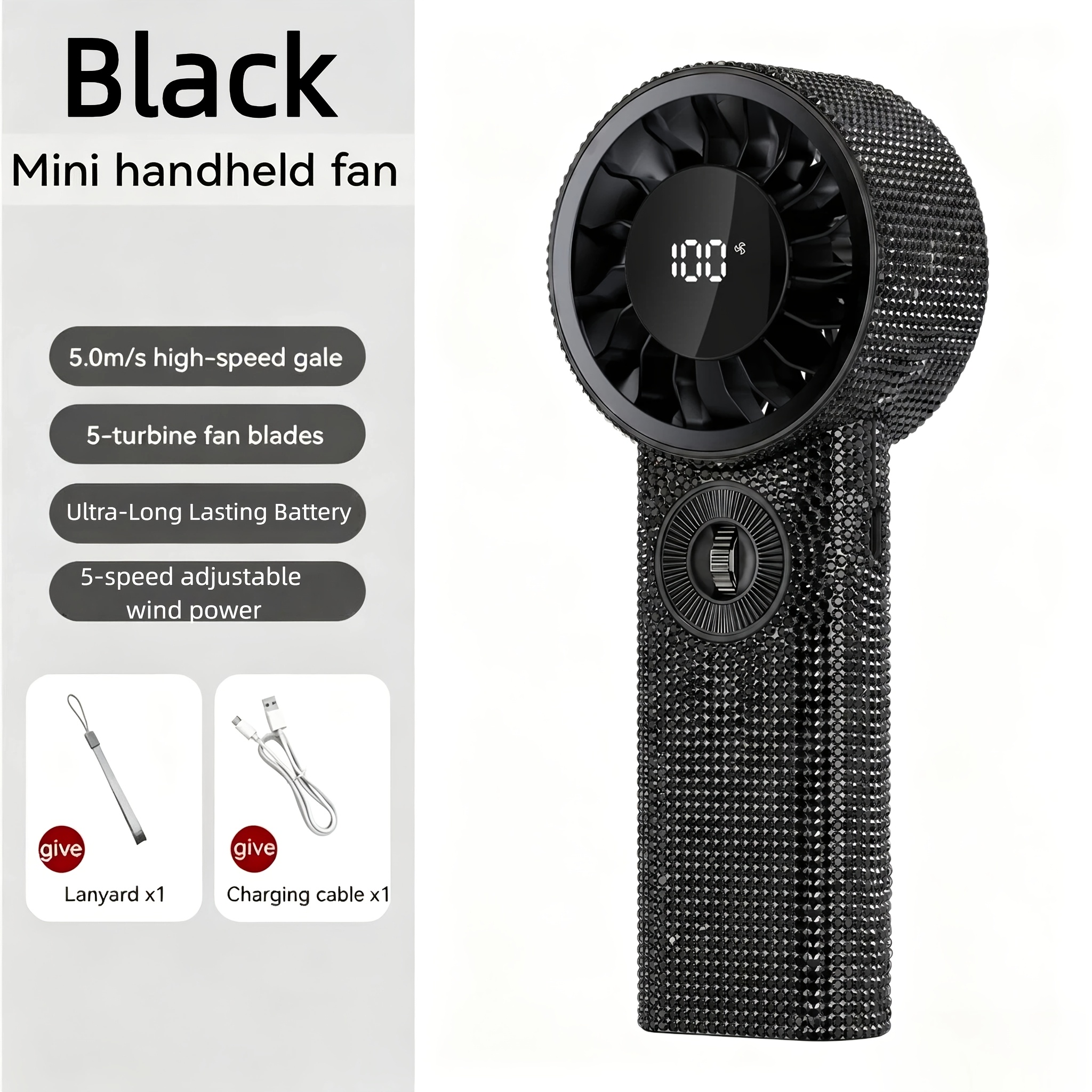 TEMU Full Luxury Diamond Bling Handheld Fan, 1-100 Speed Scroll Control, Digital Display, 3600mah Rechargeable Portable Personal Fan, - Pink, Black,