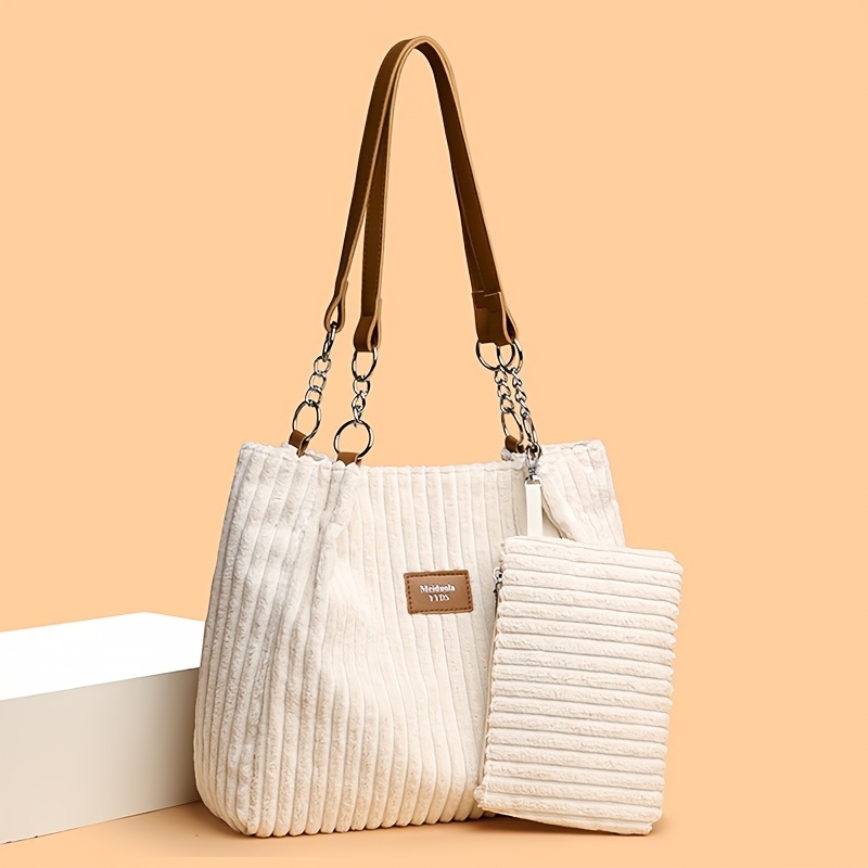 Image of A Two-piece Corduroy Fashion Tote Bag Made Of Soft Fabric, Featuring A Solid , Suitable For Daily , Including A Handbag And A Coin Purse
