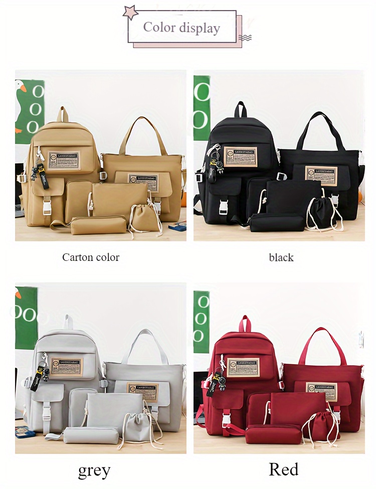 5pcs Solid Color Backpack Set, Large Capacity Double-ShoulderBag, Simple Tote, Pencil Bag, Casual Crossbody, Lightweight Student Shoulder Bag.