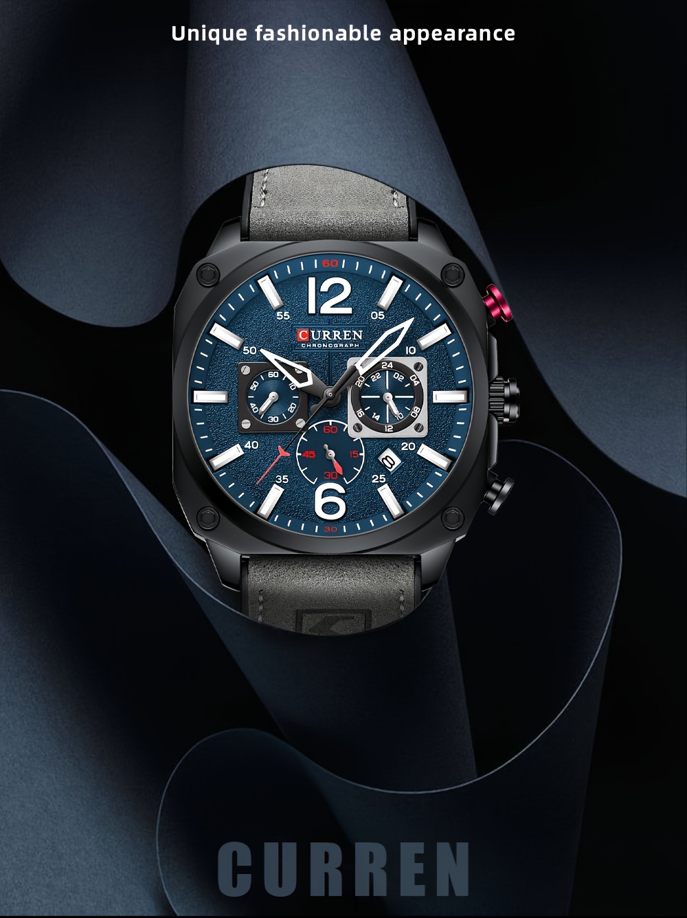 mens fashionable sports watch multifunctional chronograph quartz luminous hands date display   alloy case square dial electronic movement silicone strap   details 1