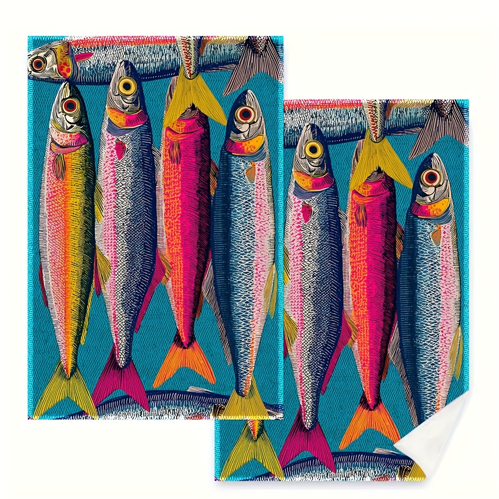E-shop 2er-Set Küchentücher, einseitig bedruckt, 16x24 Zoll, Sardinenfarben, maximalistisches Vintage-Food-Design, Küchentücher, Urlaubs-Handtuch,