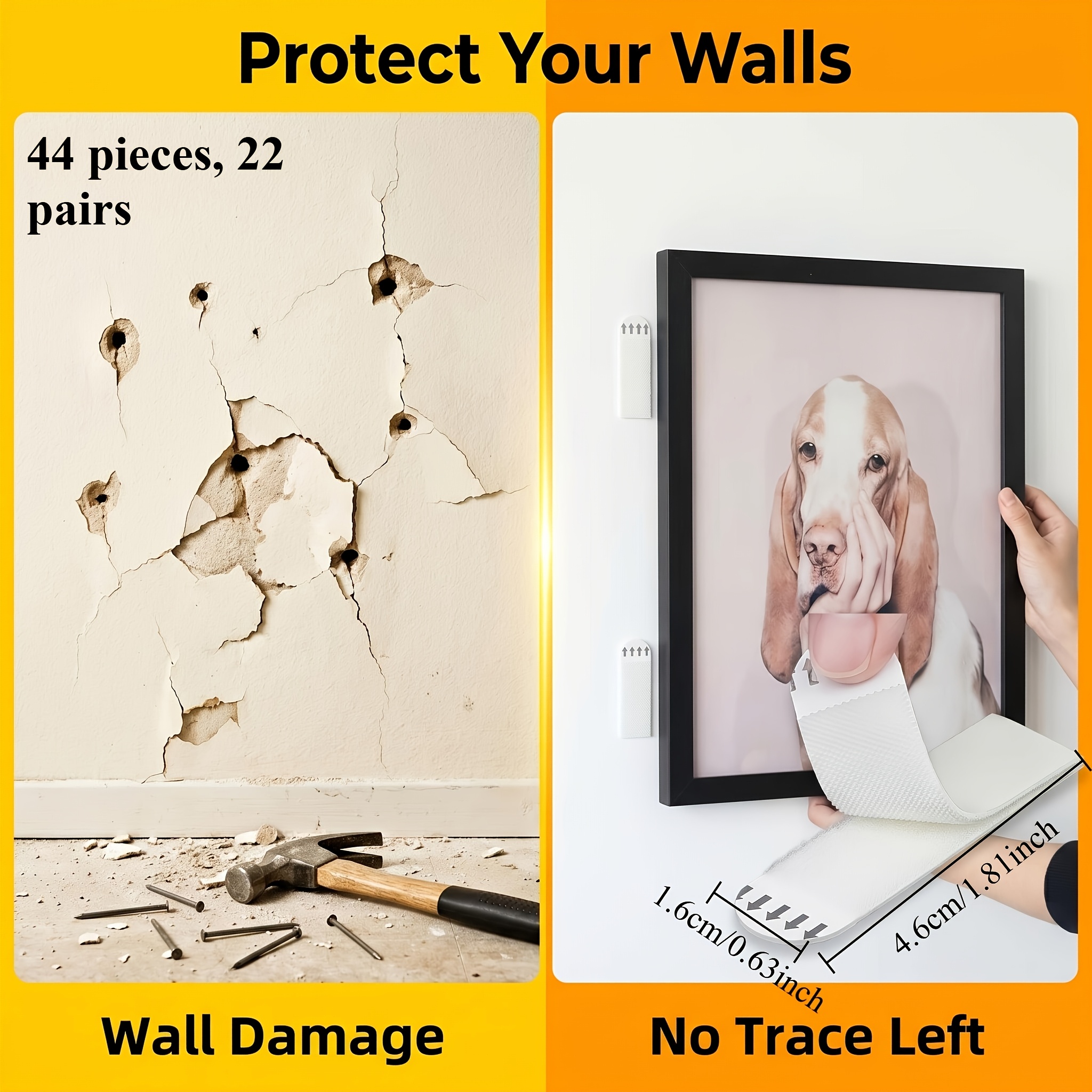 TEMU 44pcs/22 Pairs Heavy-duty Waterproof Wall Hooks With Removable Adhesive, Suitable For Drywall And Photo Walls, No-glue Magic Tape, For Home And