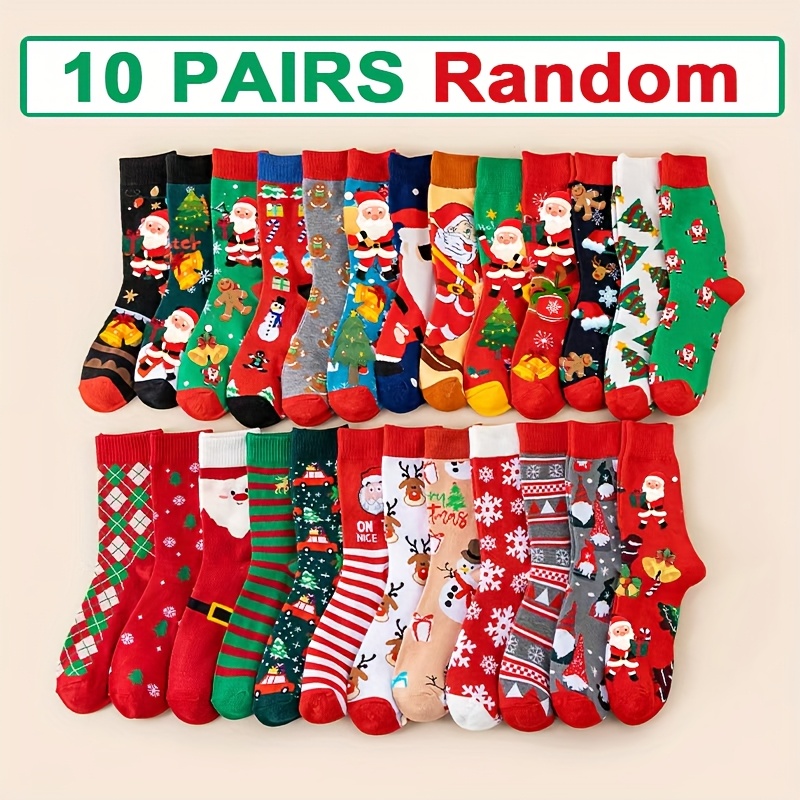 Image of Random 10 Pairs Women's Christmas Mid-calf Socks Autumn Winter Festive Fashion Socks Cute Cartoon Santa Reindeer Snowman Warm Long Socks