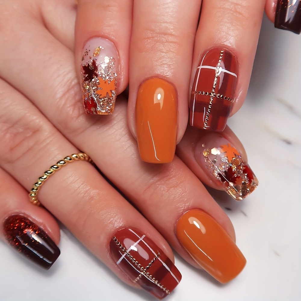 

24pcs -on Nails Set - Orange Gradient, Medium Square Shape With Design For Women & Girls - Perfect Autumn/winter Gift