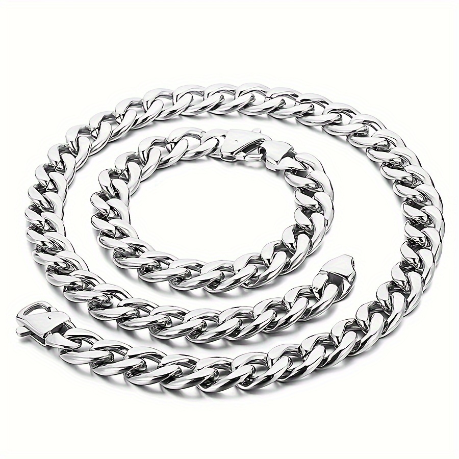 

2pcs 18k White Gold Plated Hip Hop Jewelry Set Stainless Steel 10mm Men Cuban Link Chain Lobster Necklace Bracelet