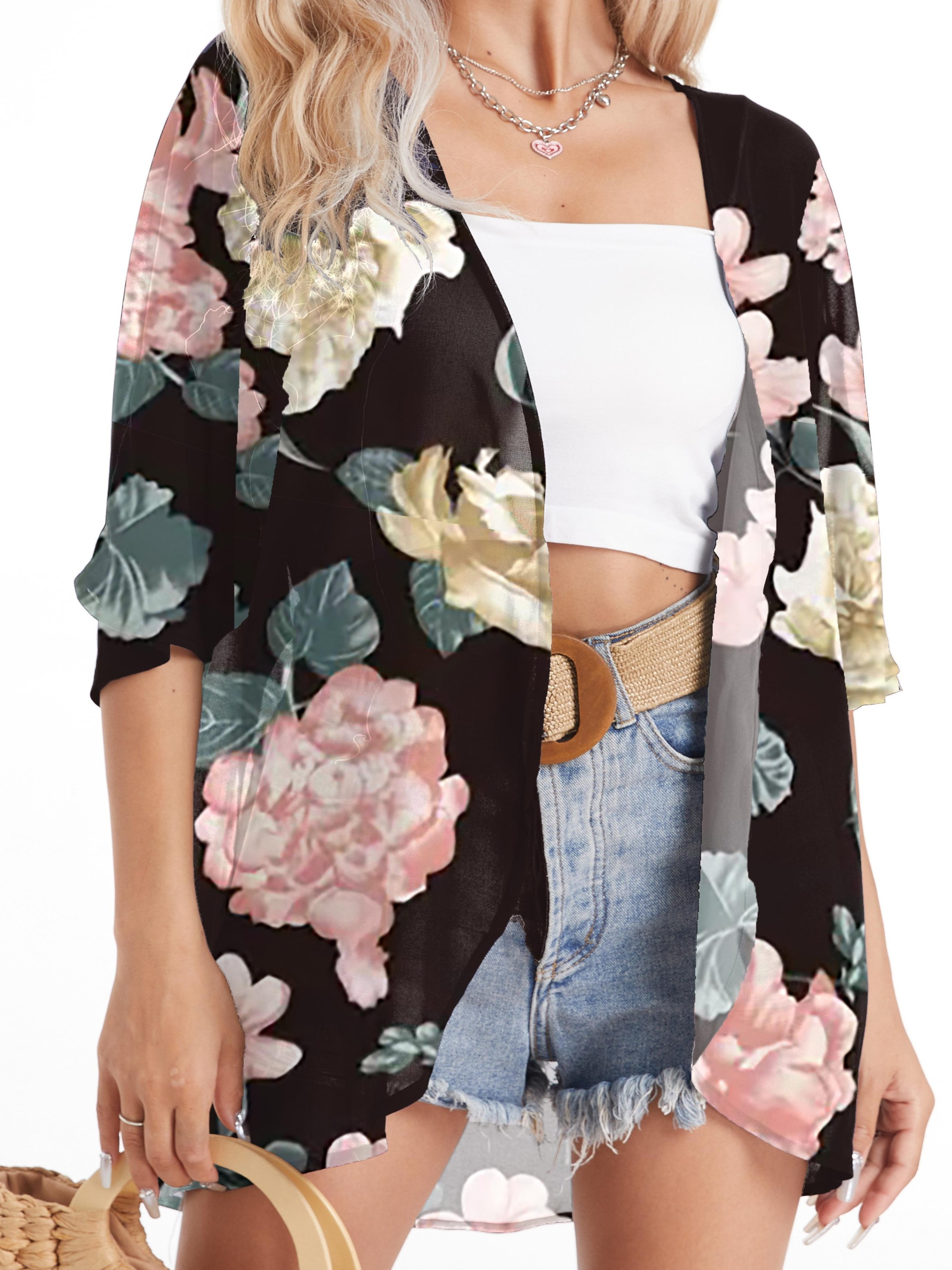Floral Print Cover Up Cardigan, V Neck Loose Fit Half Sleeves Casual Beach Kimono, Women's Swimwear & Clothing