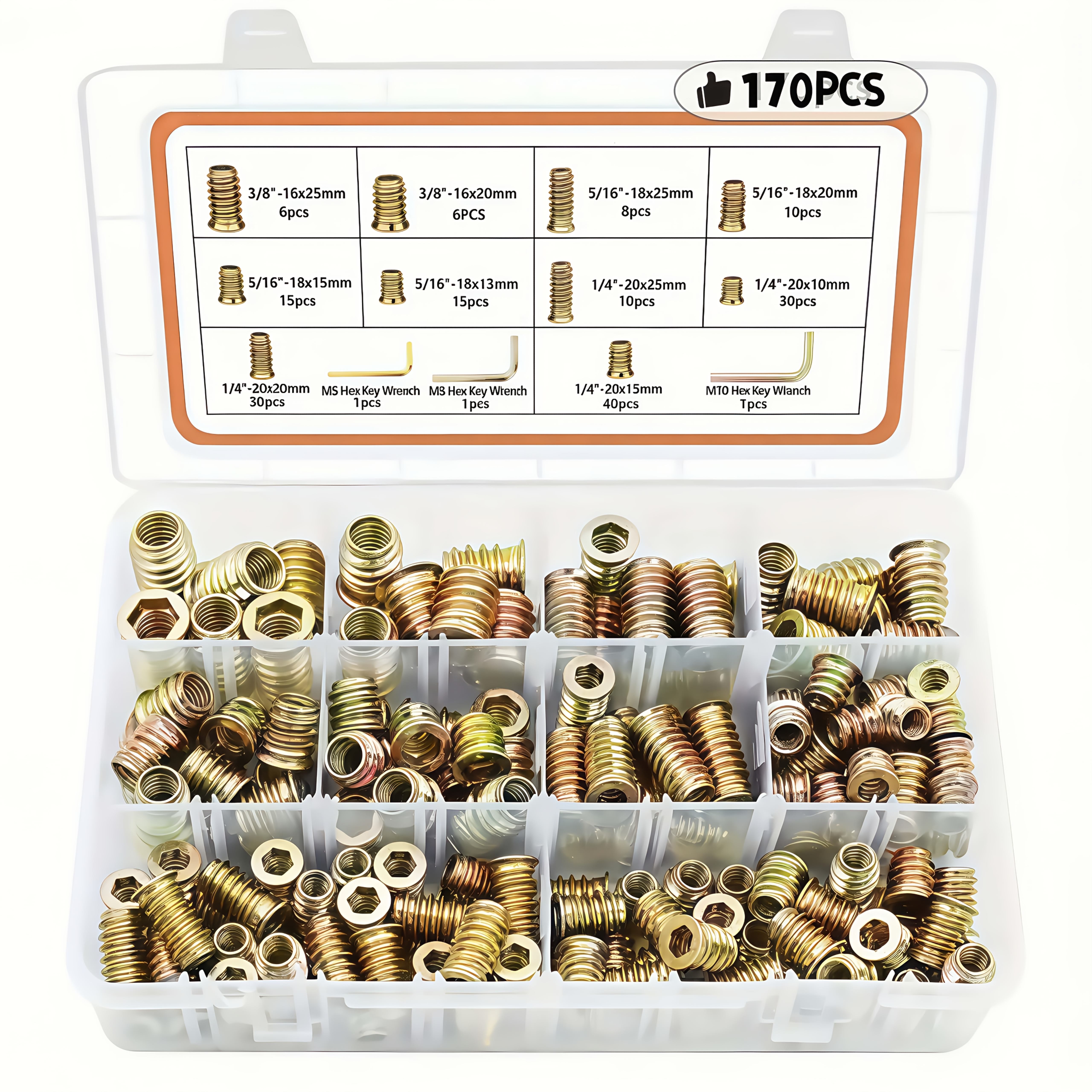 HELIFOUNER 60-Piece Threaded Insert Nut Kit – 1/4-20 X 10mm/15mm/20mm, Zinc Plated, With Hex Wrench - View #3