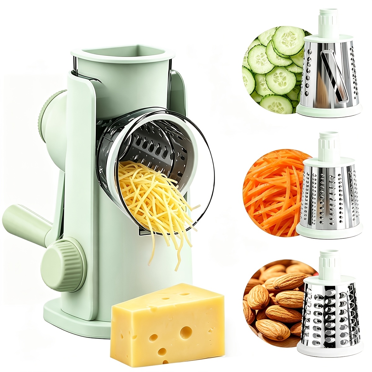 Image of Hand Crank Rotary Cheese Grater Veggie Slicer Carrot | With 3 Interchangeable Sharp Drum , Strong Suction Base, Block Of Seconds, Safe And Efficient