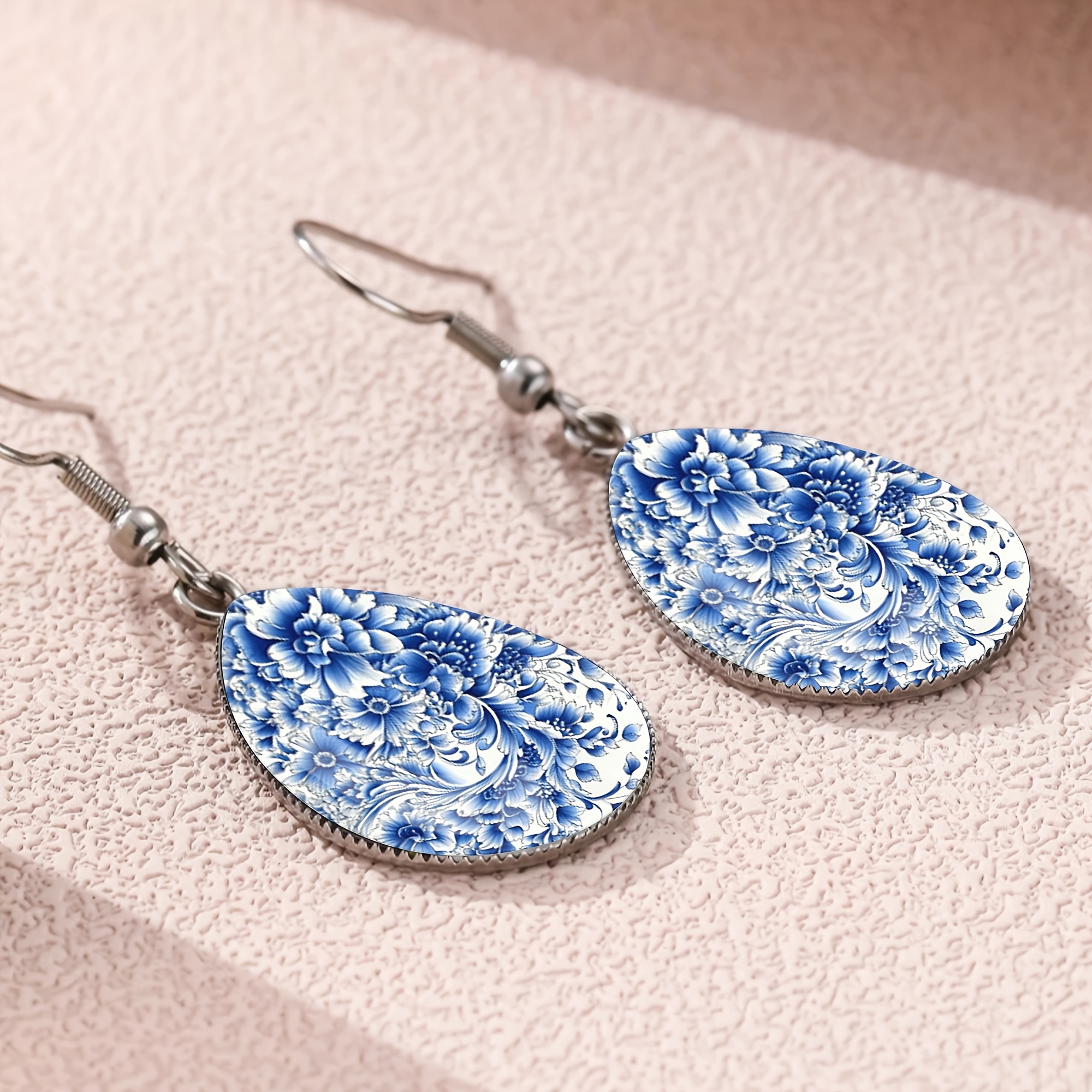 Classic Blue & White Porcelain Water Drop Earrings, Elegant Style