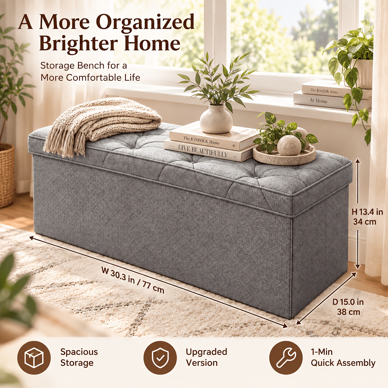 TEMU 30 Inch Folding Storage Ottoman Bench, Large Storage Chest With Thicker Foam Padded Seat, Bed Foot Rest Stool For Bedroom Living Room Entryway,