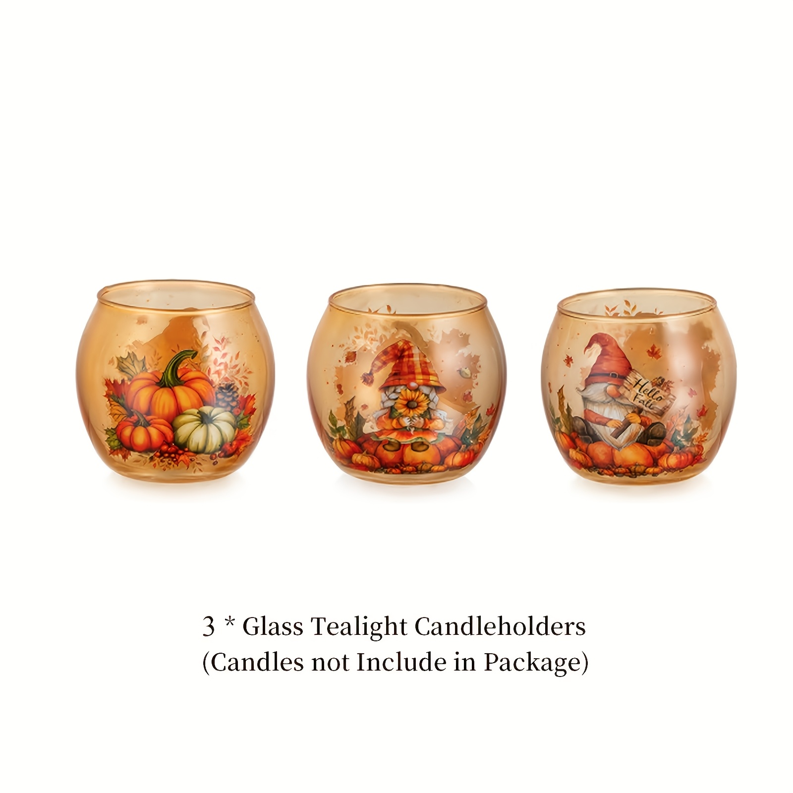 Image of Set Of 3 Fall Votive Candle Holders: Thanksgiving Tealight Candle Holder Amber Glass Tea Lights Candle Holder Bulk Decorative Candle Holders For Table Centerpiece Halloween Party Home Decor, Christmas