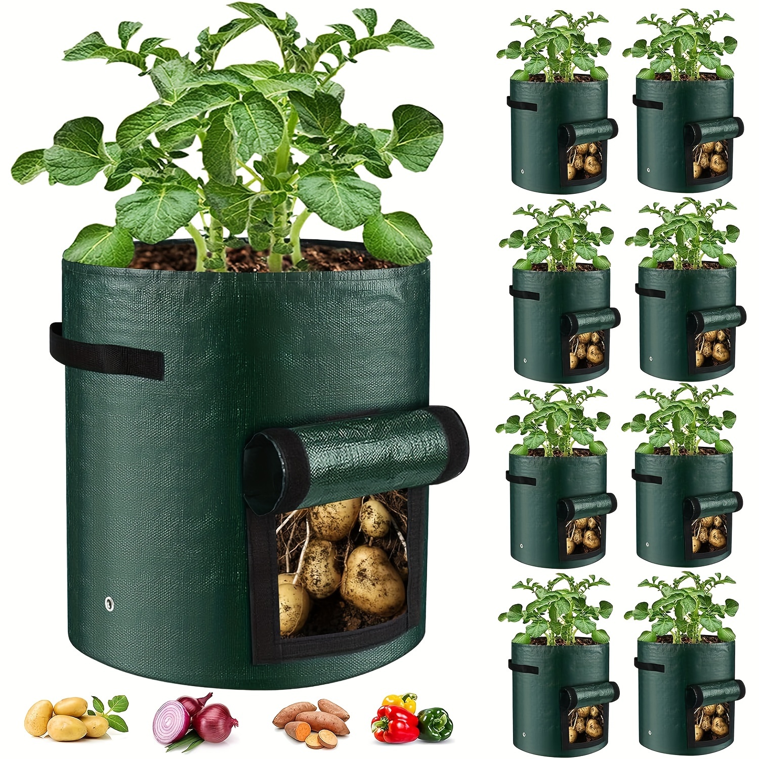 

8pcs 10 Gallon Waterproof Pe Grow Bags With Viewing Window & Handle - Potatoes, Tomatoes, Carrots | Indoor/outdoor Use