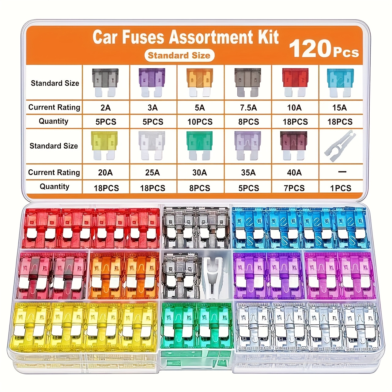 TEMU 120pcs Fuse Kit, Automotive Fuse Assortment, Standard Blade Fuses For Rvs And Motorcycles, Including Atc (2a, 3a, 5a, 7.5a, 10a, 15a, 20a, 25a, 30a, 35a, 40a) + Automatic Fuse Puller
