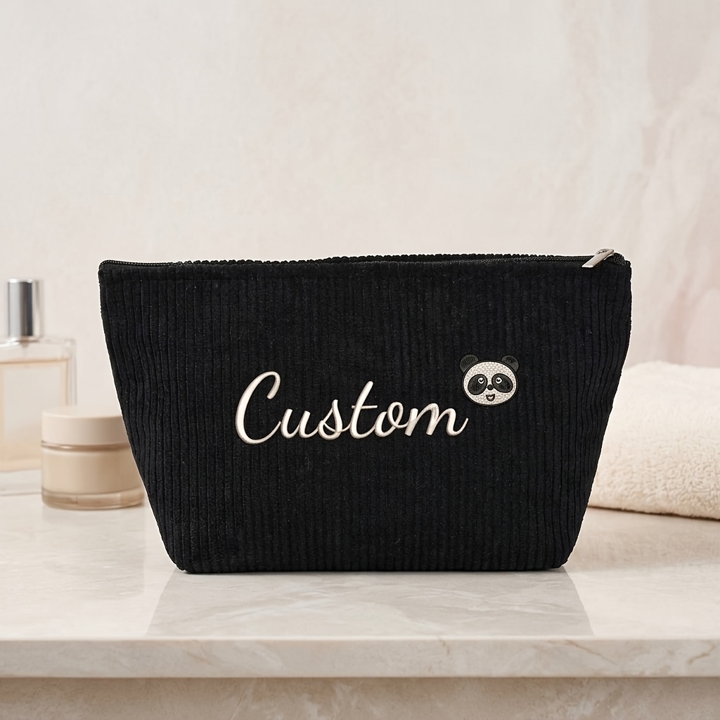 TEMU Trousse de Cosmétique personnalisée en velours côtelé brodée pour Noël, sac de rangement cosmétique zippé, organisateur de Cosmétique de voyage,