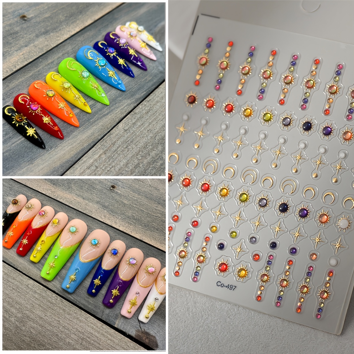 Image of 1 Sheet Of 5d Embossed Luxury Nail Art Stickers Featuring Colorful Gemstones, Sun, Moon, And Star Designs With Golden Accents, Perfect For Women's Holiday Nail Decoration