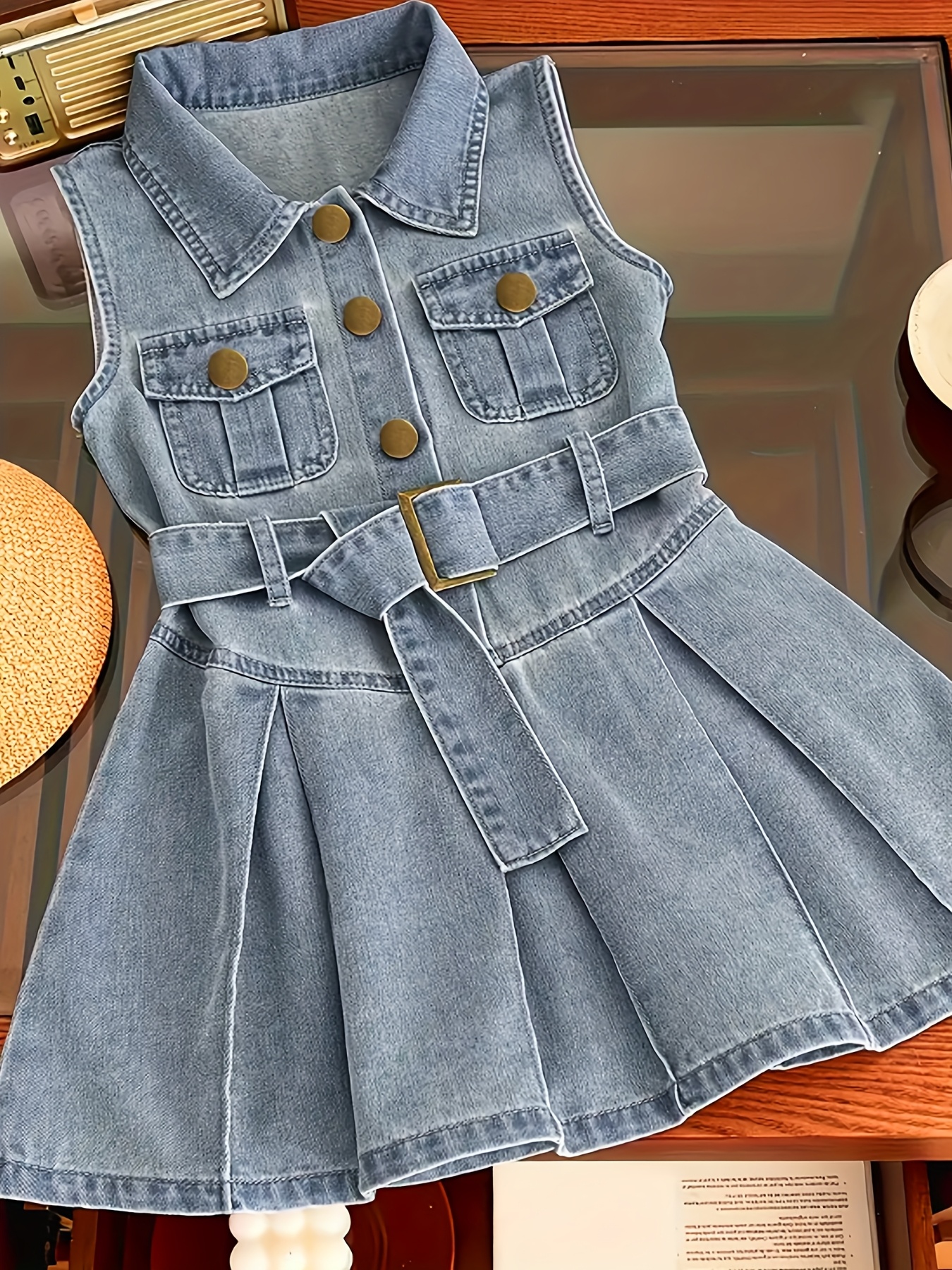 Girls' Dress Summer Fashion Casual Ruffle Pleated Skirt with Torn Collar New Korean Style