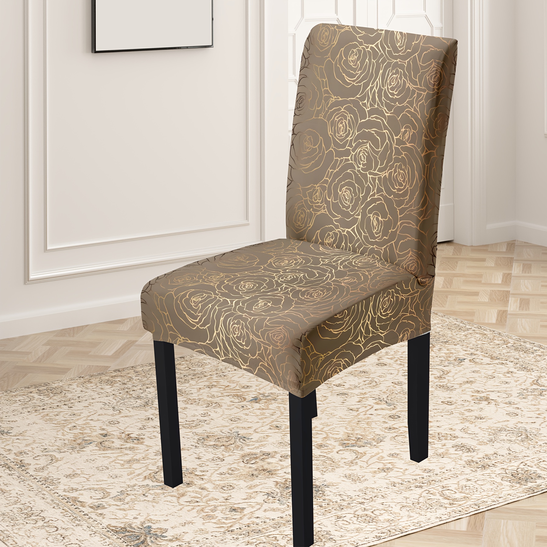 

Elegant Golden Rose Print Chair Covers - 4/6 Piece, High Stretch Polyester Slipcovers Toward Dining & Garden Chairs, Machine Washable, Perfect Toward Home, Hotels - Dustproof & Durable
