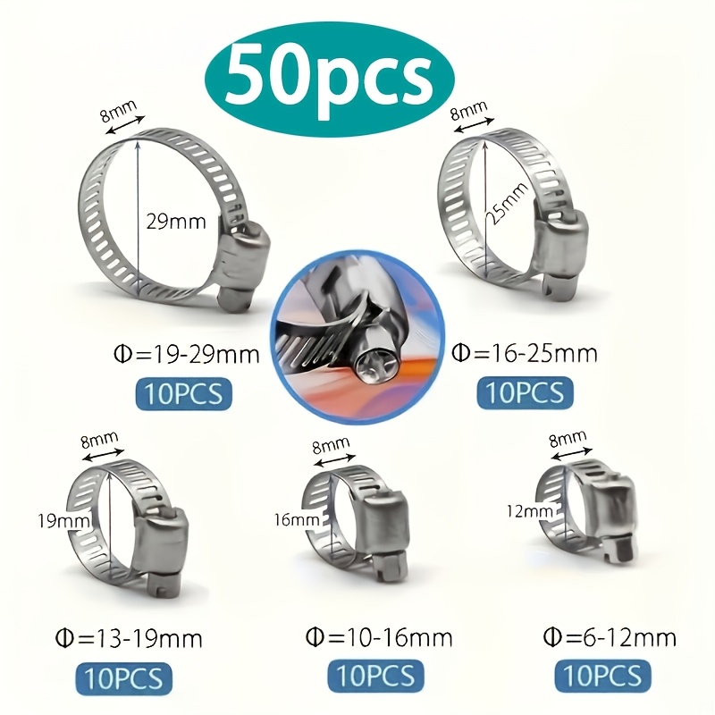 TEMU 50pcs Hose Clamp Combo Kit - Stainless Steel Worm Gear Hose Clamps, Adjustable 1/4 Inch - 1-1/8 Inch 6-29mm, Hose Clamps For Plumbing,