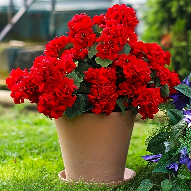 

Set Of 2 Fabric Artificial Geranium Bushes For Outdoor Decor, Red Faux Geranium Plants For Home, Garden, Patio, Grave, Centerpiece Decoration, Reunion Occasion - No Container Included