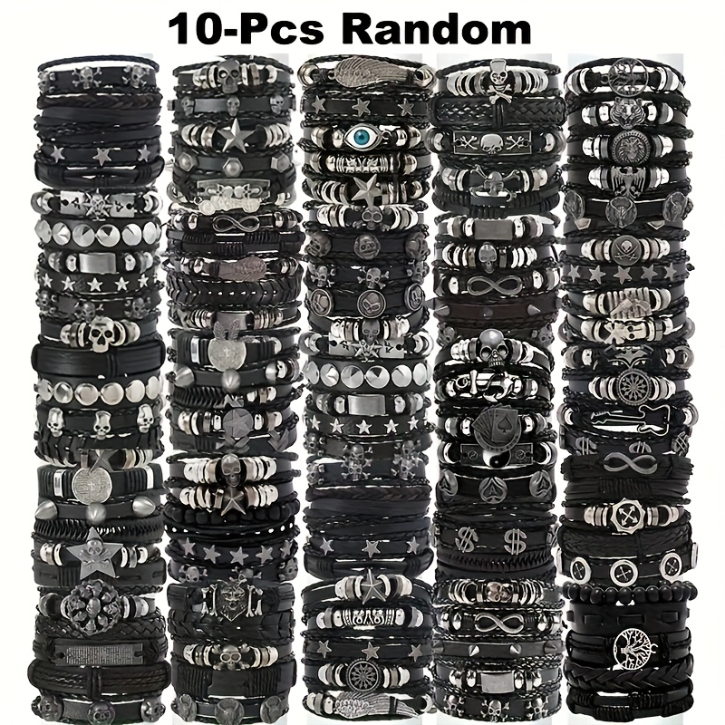 TEMU Packed Set Of 10 Black Bracelets With Random Patterns. Features A Trendy Hip-hop With Skull, Cross, Star, And Infinity Symbols. Vintage Black