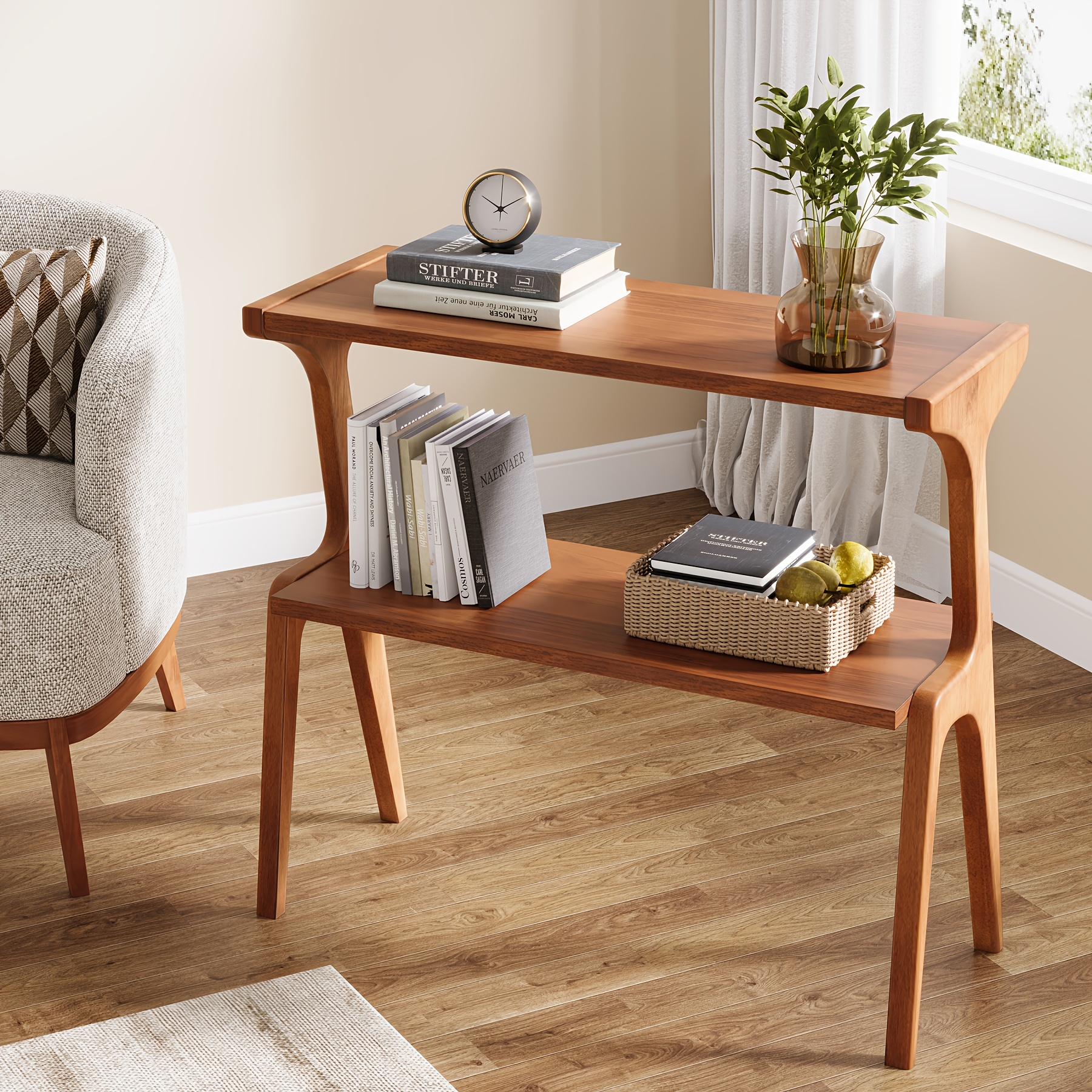 Modern 2-Tier Solid Wood End Table with Storage Shelf - Space-Saving   Design, Easy Assembly, Cherry  ,   Sofa, Living Room, Bedroom, or Small Spaces, Bedroom Nightstand, Contemporary Style,   Wood Construction, Small Table for Bedroom,  
