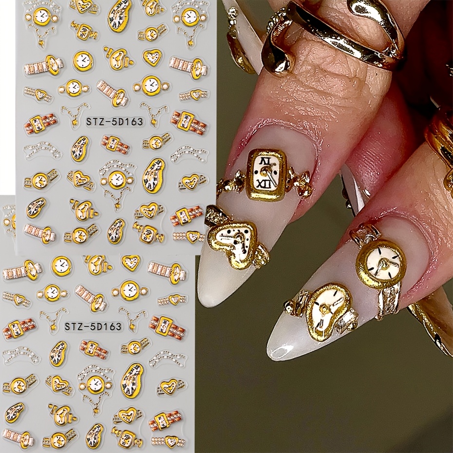 Image of 2pcs 5d New Year Stickers For Nails Golden Twisted Clock Strap Watch Design Decals Relief Deocration Art Slider Diy Manicure Decoration Art Accessories Nail Supplies
