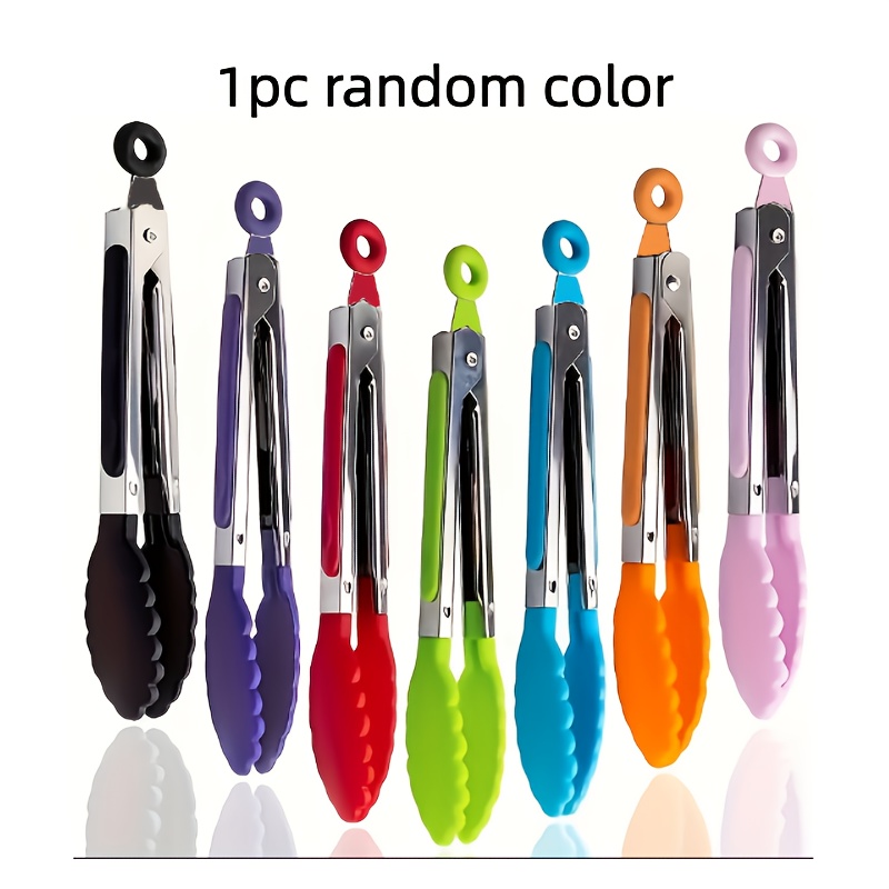 Image of 1pc Random Color -rated Stainless Steel Food Tongs With Heat-resistant Grip - Compact And Easy To Carry For Bbq, Steak, Buffet And Outdoor Cooking