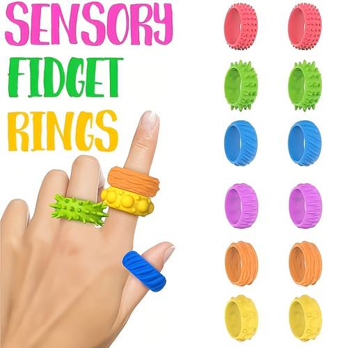 12pcs set new silicone fingertip rings with textured design for teens and featuring unique patterns and in multiple colors suitable for adhd and helping to and focus office rewards