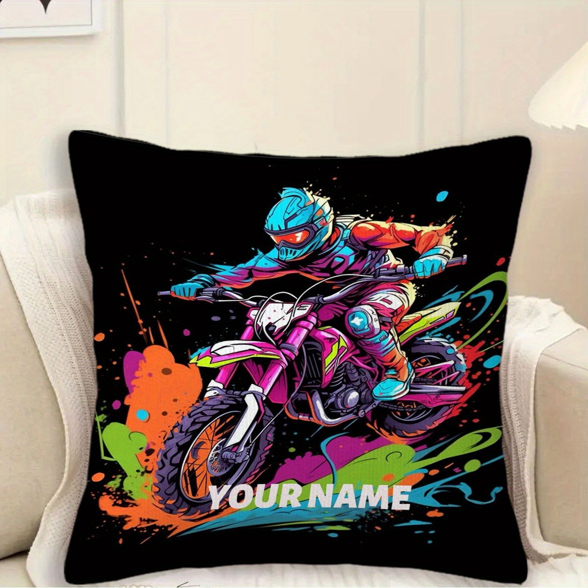 TEMU 1 housse de coussin personnalisable pour moto cross - Design néon vibrant, personnalisé, fermeture éclair, lavage à uniquement - Décor