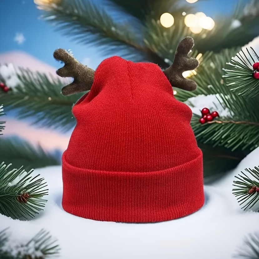 Solid Color Christmas Reindeer Antlers Acrylic Beanie - Lightweight Breathable Santa Hat For Xmas Party, Cozy Holiday Additions For Christmas Eve, Winter Cap For
