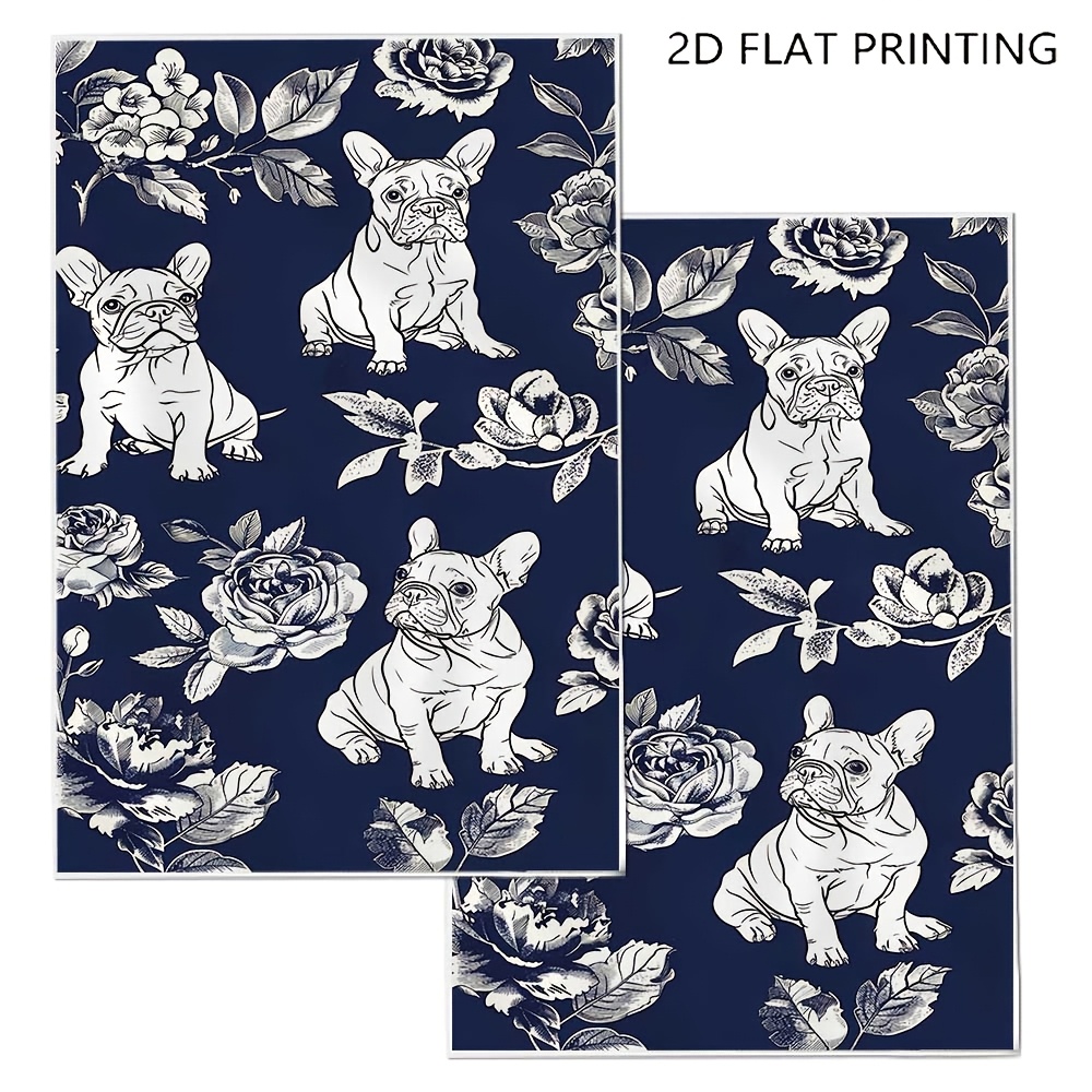 TEMU 2pcs Navy Blue French Bulldog Kitchen Towels, White Floral Dog Print Tea Towels, Great For Traditional , Pet Themed Dining Space, Elegant Blue