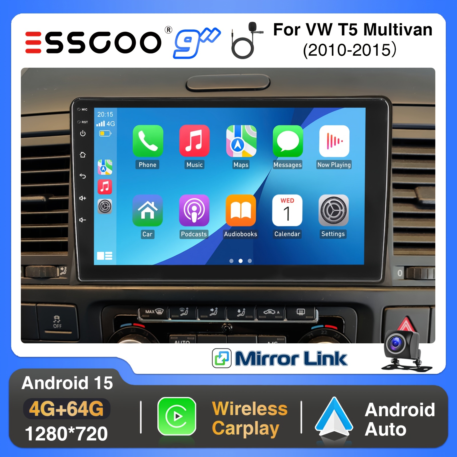 Essgoo 15 4+64g For Vw T5 2010-2015 (frame Included) Car Stereo 9 Inch Ips Touch Screen With , Auto, Fan Cooling/ Gps/ Wifi/ Fm/ Rds/ Usb/ / With Microphone & Ahd Reverse Camera-[radio