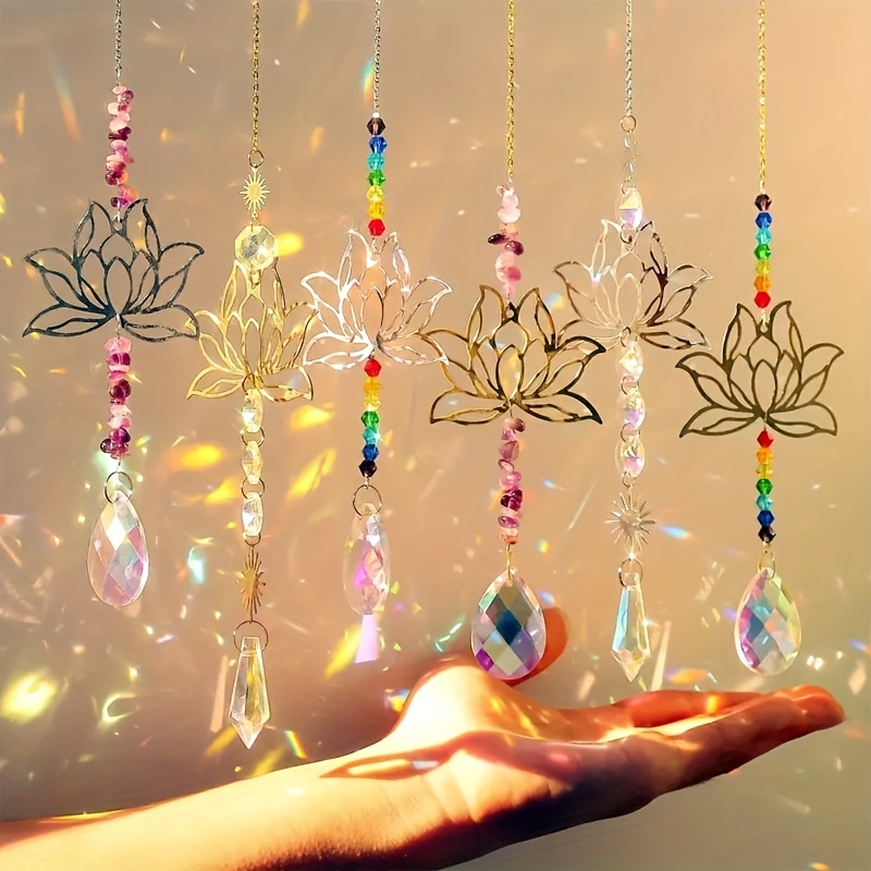 TEMU 6pcs For Lotus Glass Light Set - Chakra Bead Crystal Ornaments For Home Window Display, Wedding Decoration, And Holiday Themes