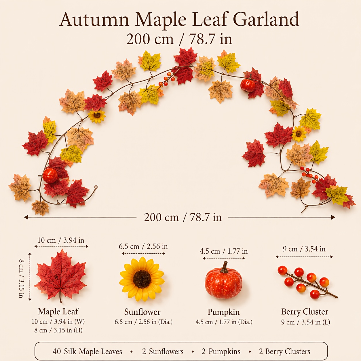TEMU 1pc 200cm Full Autumn Artificial Maple Leaf Pumpkin Decor, With Hanging Vines And Sunflower Wreath, Suitable For Autumn Door Decoration,