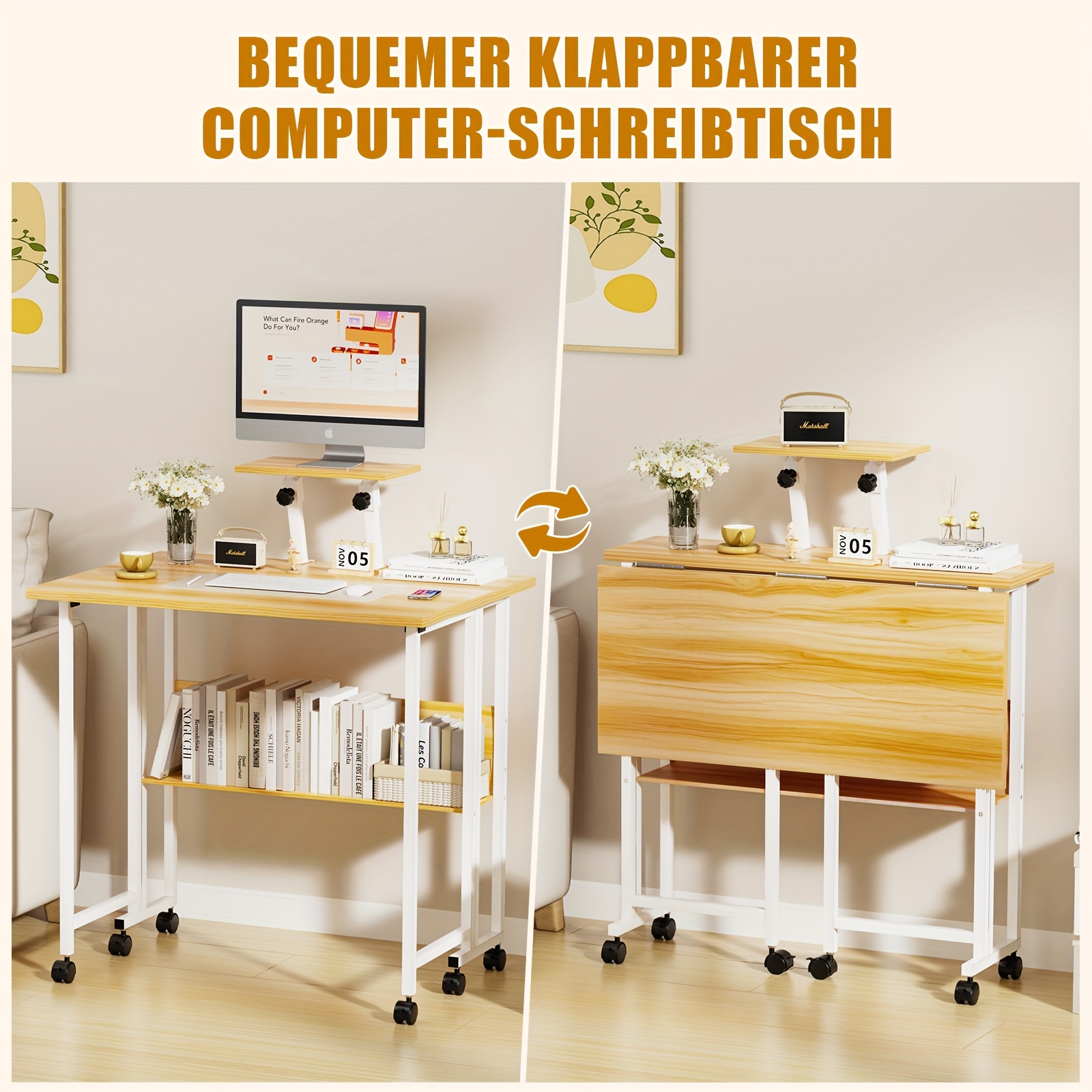 Rolling Computer Desk Made Of Solid Wood, Featuring A Folding Monitor Stand, Measuring 58x71cm, Designed For Ergonomic Use With Wheels, Suitable For Home Office, And Standing At A Height Of 75cm