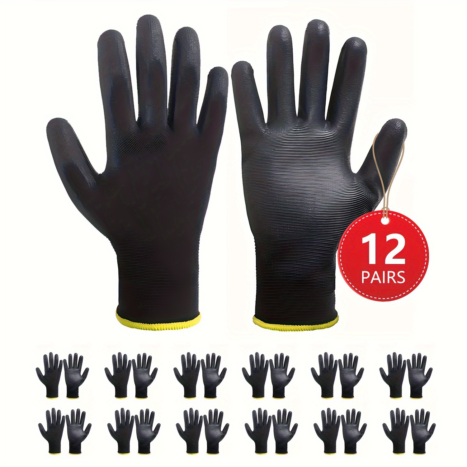 

12 Pairs Pu Coated Work Gloves, Comfort Stretch Garden Gloves For Men And Women, Excellent Grip For Multiple Scenes, Black